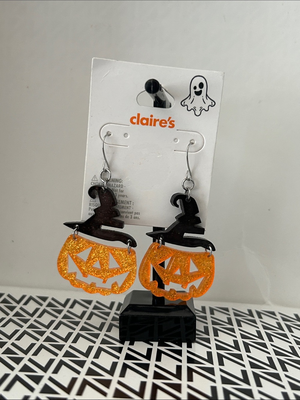 claire's Orange Glitter Jack-o'-Lantern Earrings with Black Witch Hats